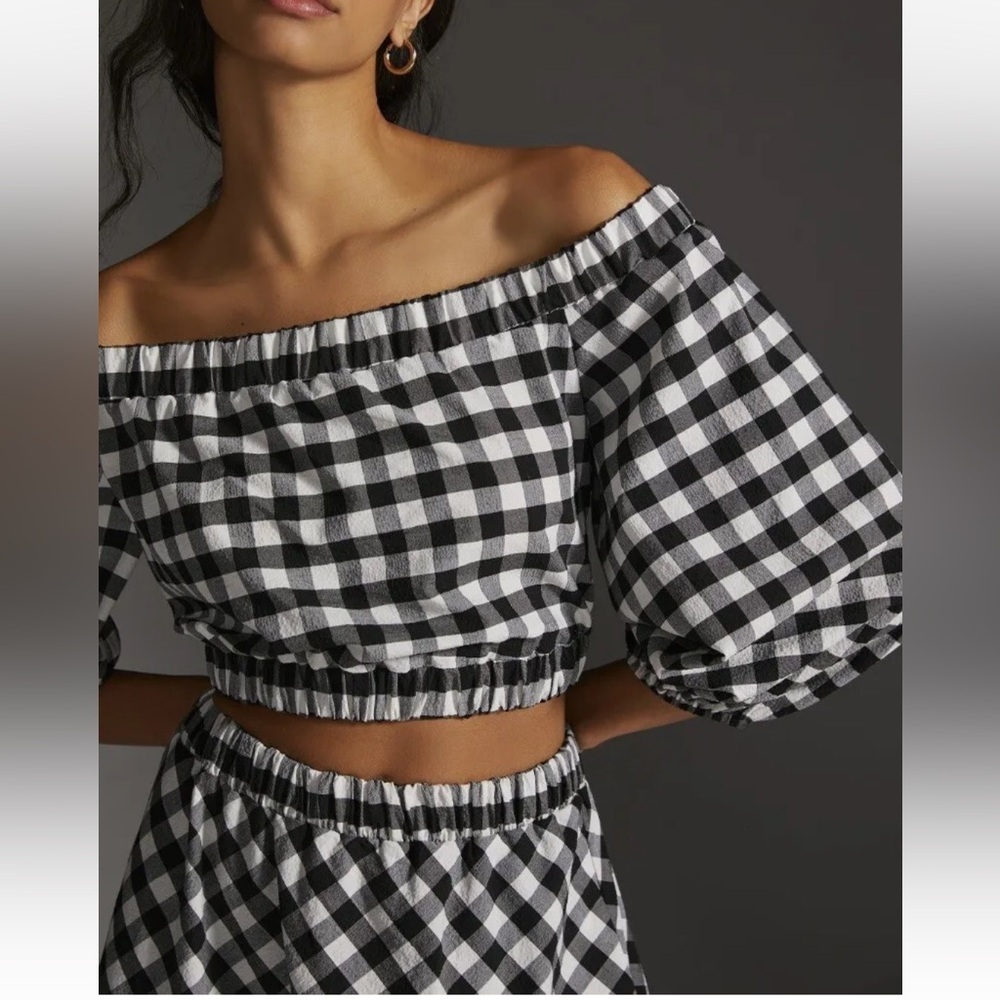 NWT Anthropologie two piece set skirt cropped off shoulder black white gingham